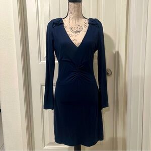 TIBI Women’s Ruched Long Sleeve Navy Knee Length V Neck Wool Blend Dress Size M